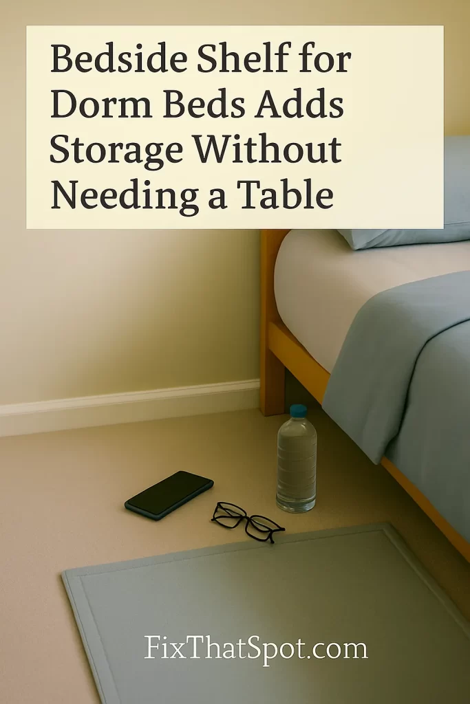 Phone, glasses, and water bottle scattered on the floor next to a dorm bed, showing the need for a bedside shelf.