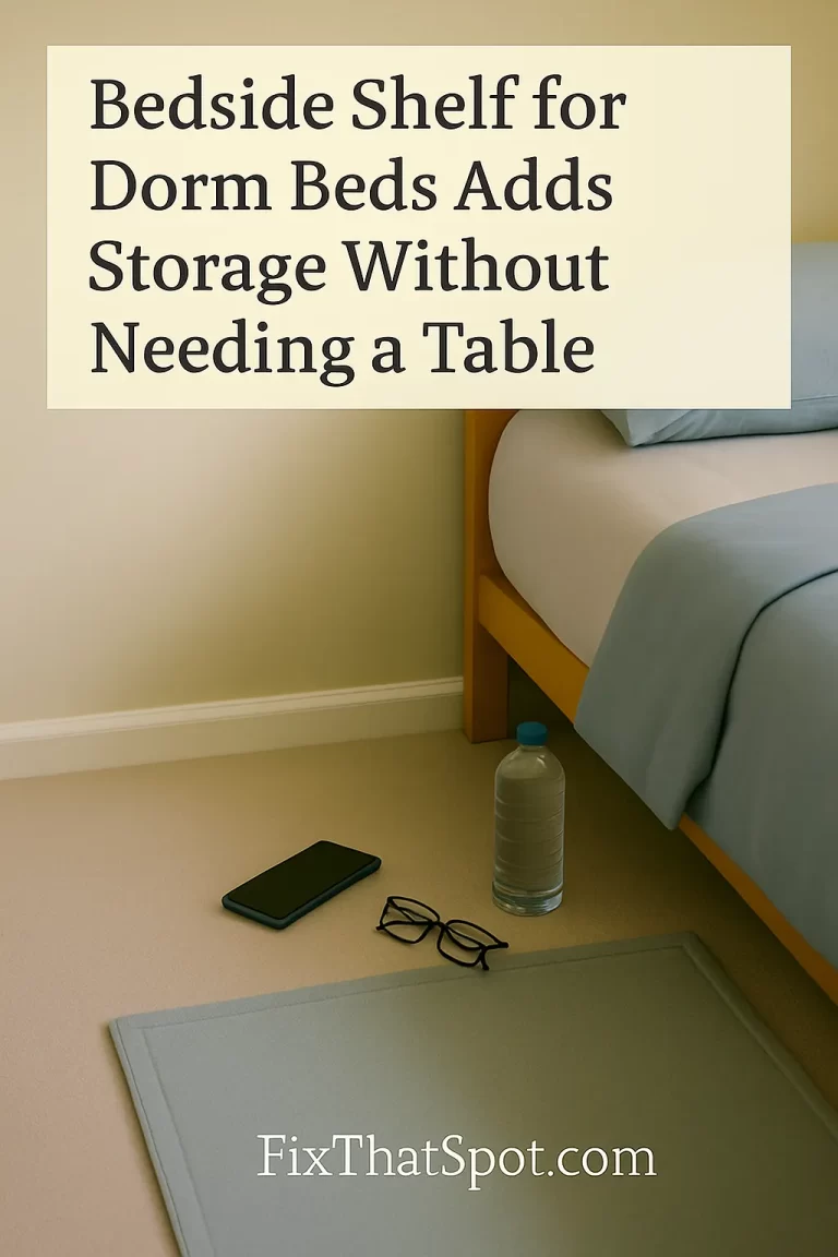Phone, glasses, and water bottle scattered on the floor next to a dorm bed, showing the need for a bedside shelf.
