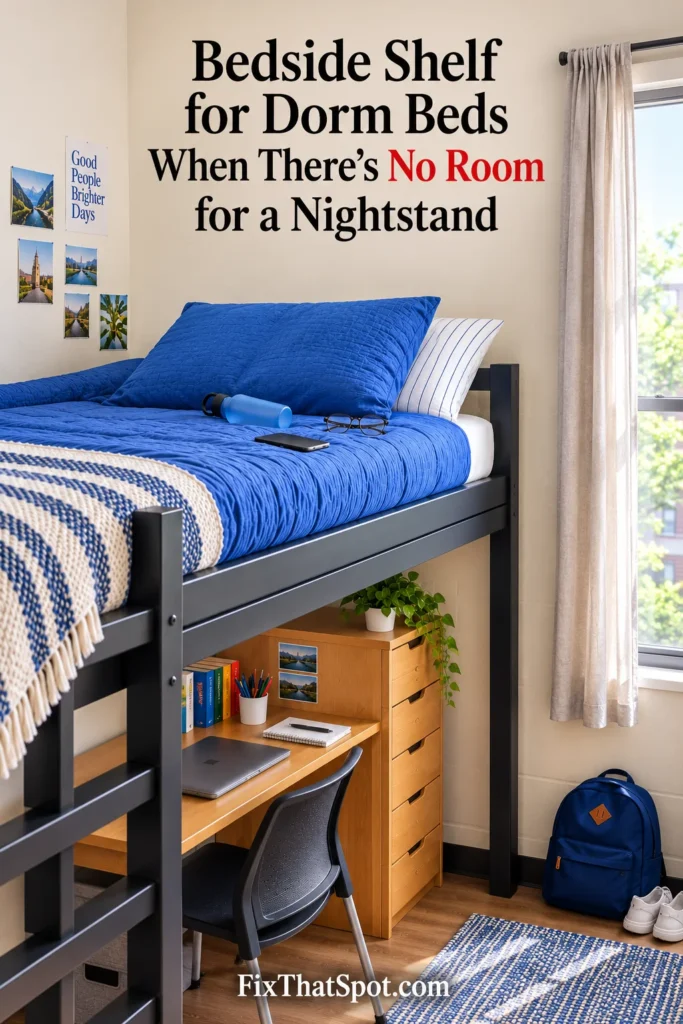 Lofted dorm bed with a phone, glasses, and water bottle left on the mattress because there is no bedside surface.