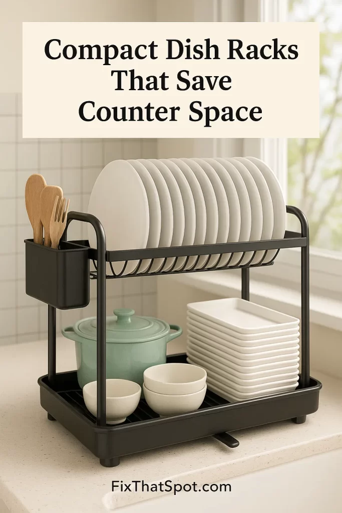 A two-tier black dish drying rack on a countertop, holding 15 plates, bowls, glasses, and utensils.