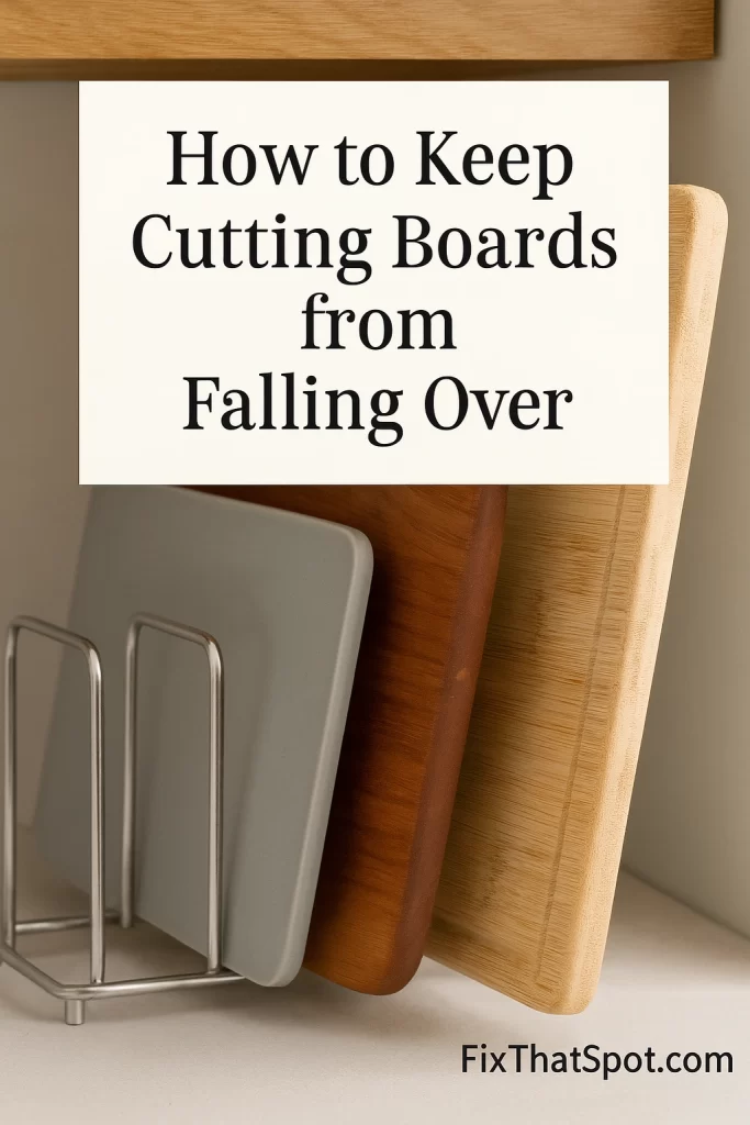 A stainless steel cutting board organizer holding three upright boards on a kitchen shelf