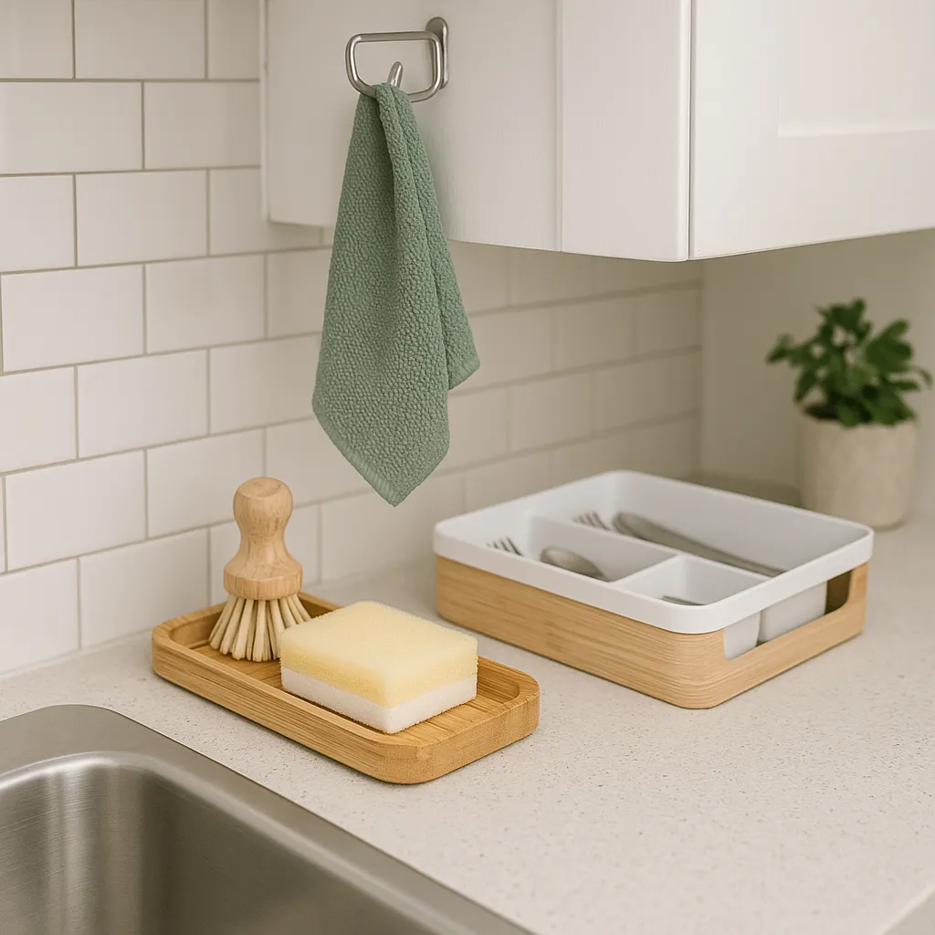 Fix That Spot homepage image showing a clean kitchen corner with bamboo tray and simple storage.