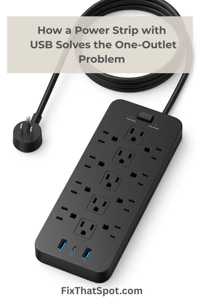 Power strip with USB and USB-C ports, long braided cord, and grounded plug for charging multiple devices in small spaces