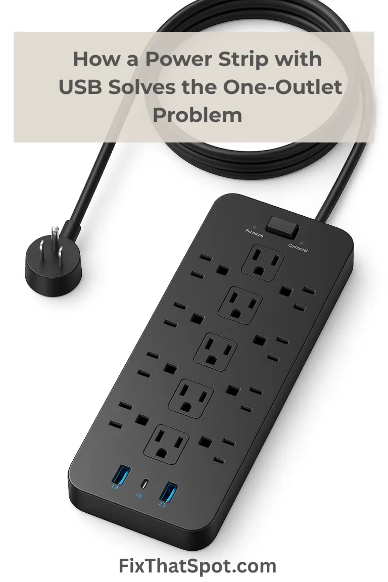 Power strip with USB and USB-C ports, long braided cord, and grounded plug for charging multiple devices in small spaces