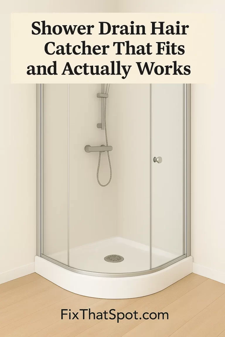 Modern corner shower with a round stainless steel shower drain hair catcher.