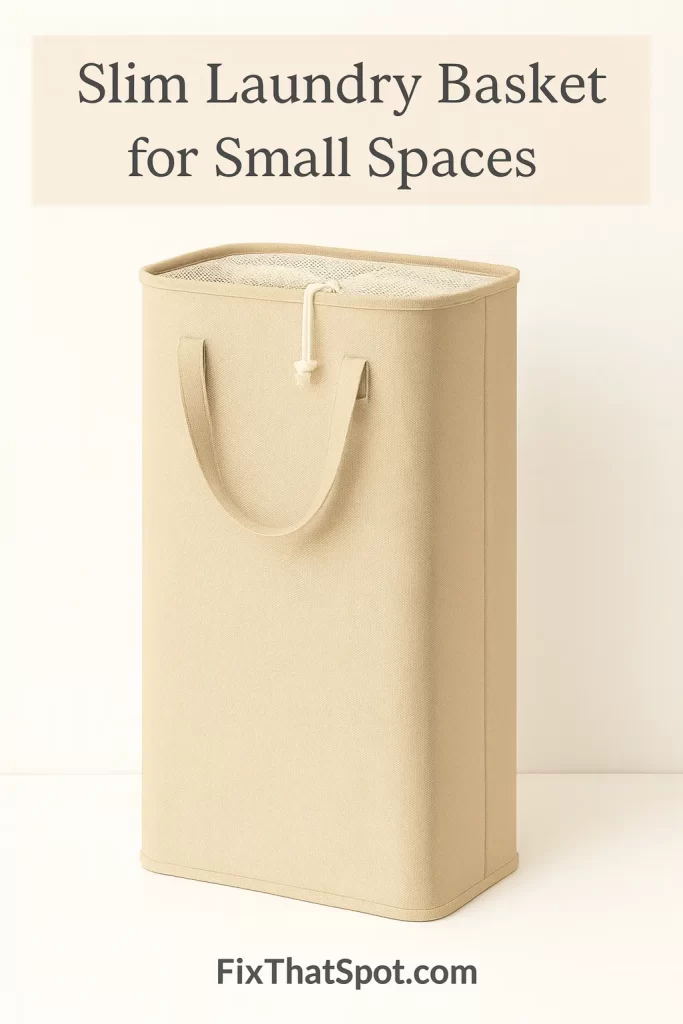 Slim laundry basket for small spaces in beige, featuring a mesh drawstring cover and tall, narrow design, ideal for tight spots like closets or between washer and dryer.