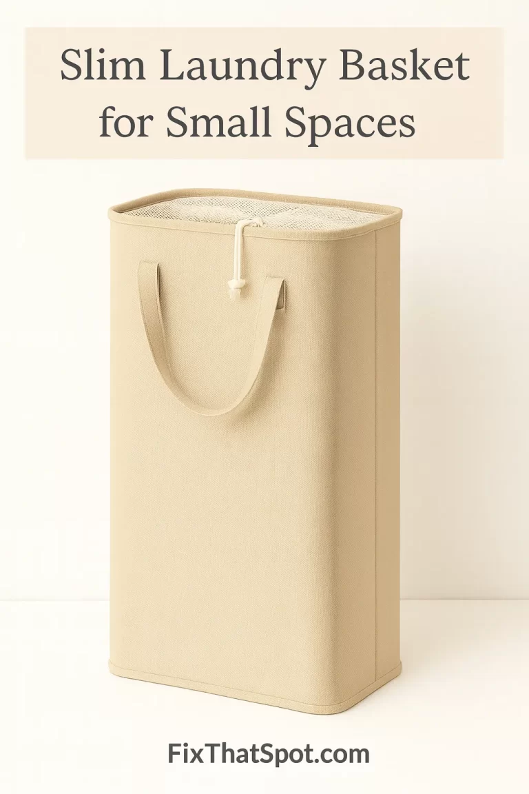 Slim laundry basket for small spaces in beige, featuring a mesh drawstring cover and tall, narrow design, ideal for tight spots like closets or between washer and dryer.