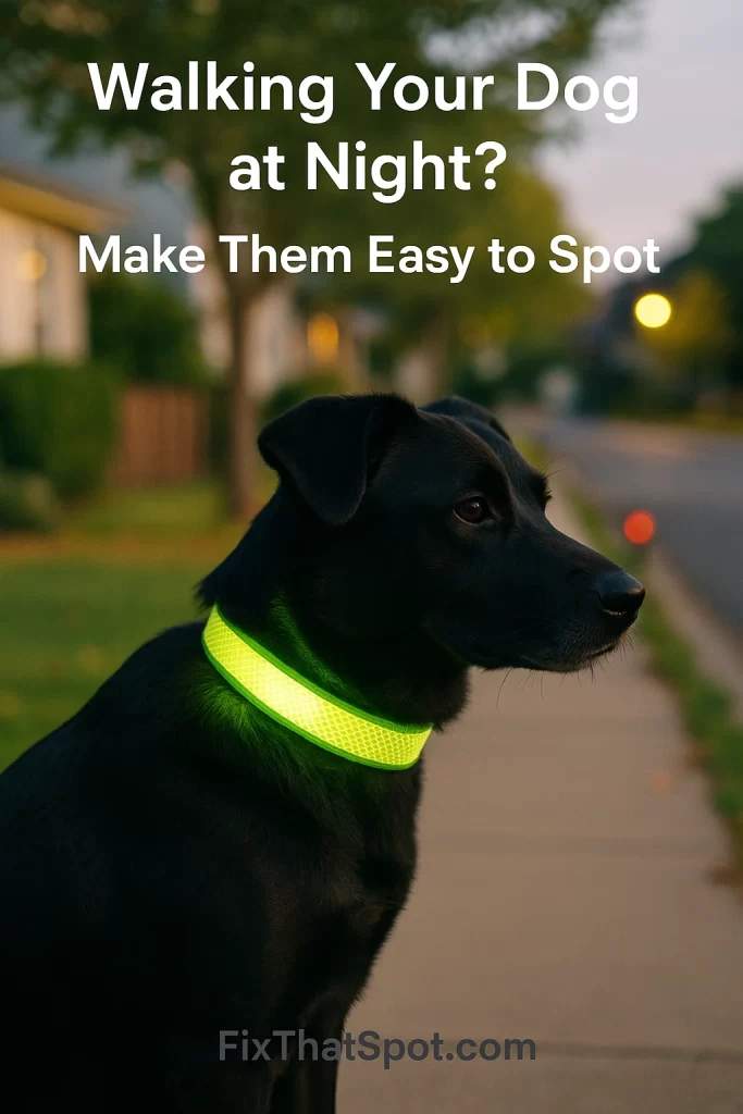 A black dog wearing a softly glowing neon-green LED collar stands on a suburban sidewalk at dusk. The background shows warmly lit houses, green hedges, and a small red reflector in the distance.