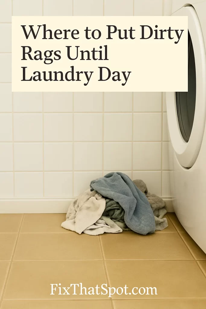 A laundry room scene with a small pile of dirty rags placed on the floor near a white front-loading washer. The rags are stacked against the wall, and the image is bright and realistic