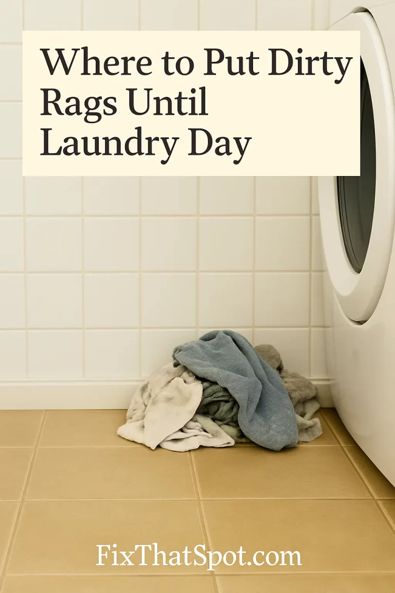 A laundry room scene with a small pile of dirty rags placed on the floor near a white front-loading washer. The rags are stacked against the wall, and the image is bright and realistic
