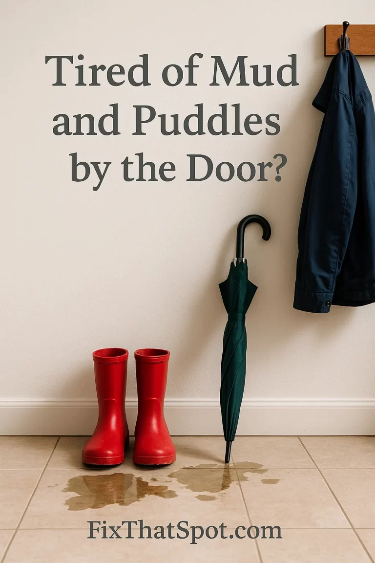 A clean, well-lit mudroom scene shows two red rain boots and a closed umbrella standing in a puddle on beige tile.