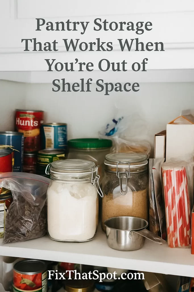 An overcrowded pantry shelf with mismatched containers, crumpled packaging, and loose bags of food. Items are stacked unevenly, making it hard to access anything