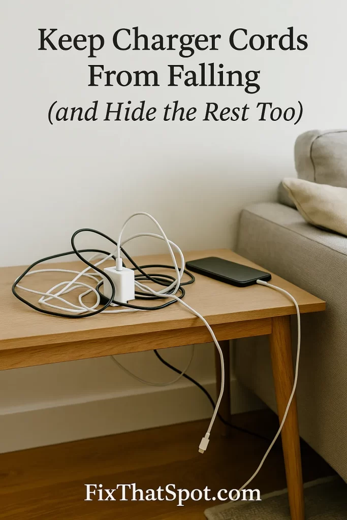 A cozy living room scene with a console table against a white wall. On the table, a messy tangle of slim charging cords surrounds a smartphone and small charger block, showing a typical cable clutter problem.