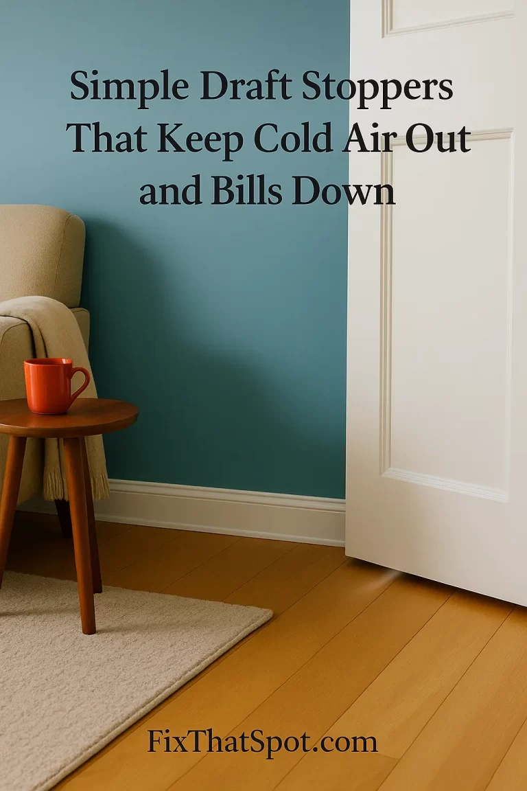 Living room corner with a sofa, blanket, and small table holding an orange mug placed between the sofa and an open white door. A faint draft is visible coming through the gap under the door.