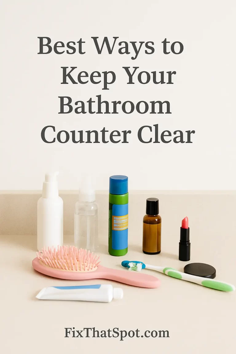Bathroom counter with skincare bottles, hairbrush, toothpaste, toothbrush, lipstick, and compact arranged casually under a centered title.
