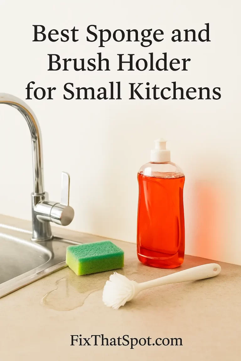A kitchen sink area with a white dish brush lying on the counter, a green sponge near a small puddle, and a red soap bottle. The scene shows a messy, cluttered sink setup under bright natural light.