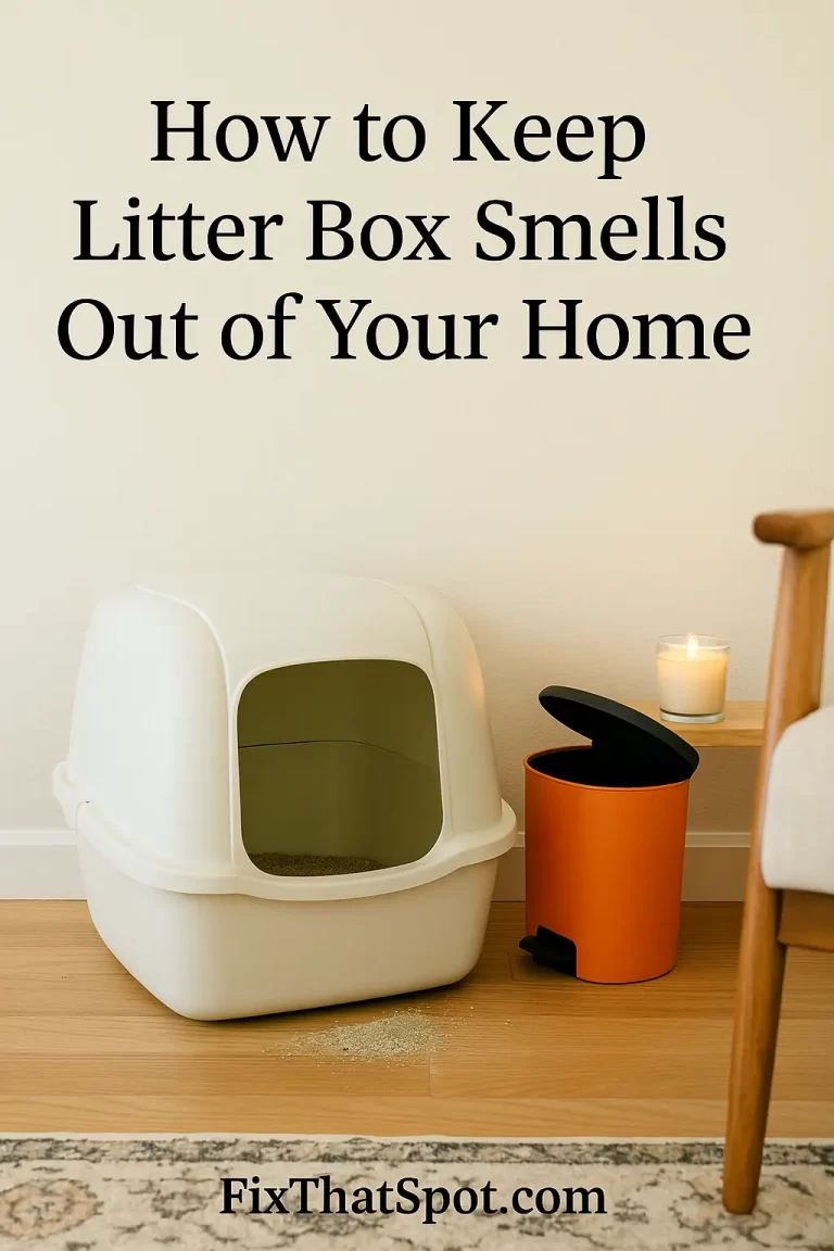 A white covered litter box with its lid slightly open sits in the corner of a small room, with scattered clean litter on the floor