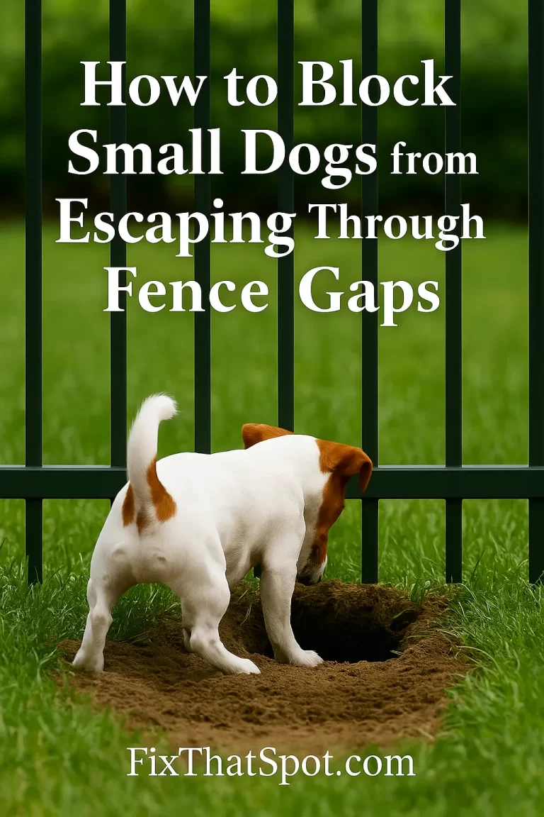 A small Jack Russell Terrier with a white coat and brown markings stands on grass, facing a freshly dug hole under a black metal fence with very narrow vertical bars. The dog’s head is lowered toward the hole as if preparing to crawl through.