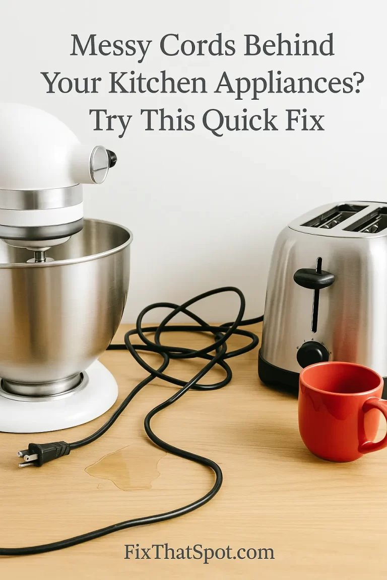 A kitchen counter with tangled black cords from a stand mixer and toaster, one cord resting in a small puddle, with a red coffee mug nearby.