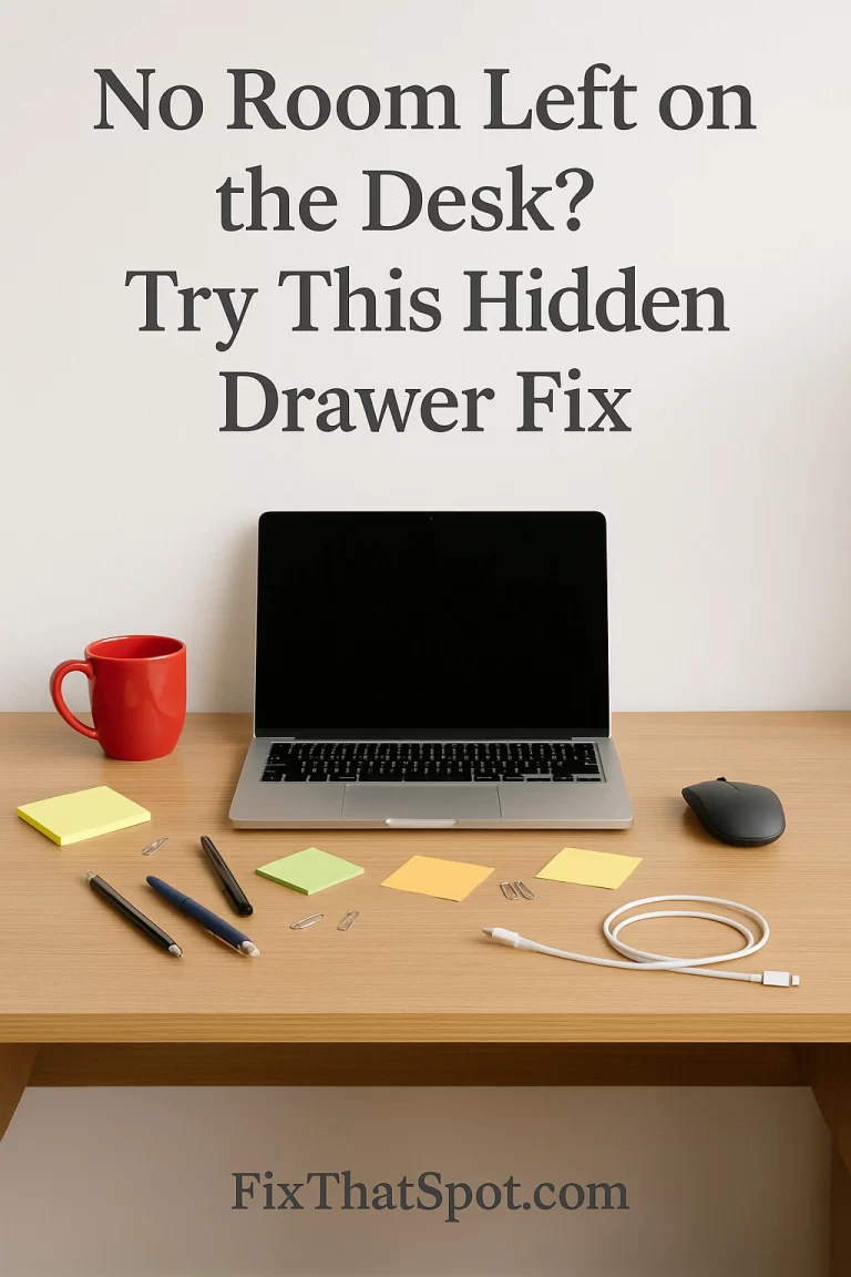 Small home office desk with a laptop, wireless mouse, and red coffee mug on a cramped surface. Pens, sticky notes, paper clips, and a phone cable are scattered around.