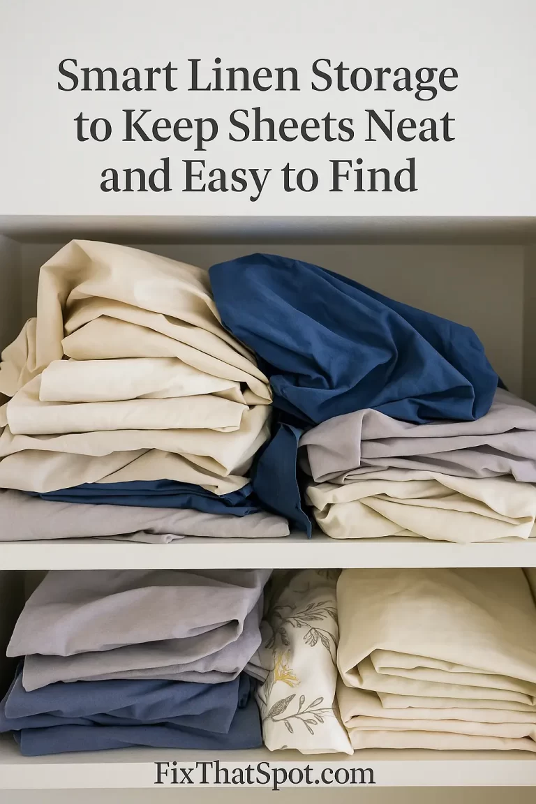 Close-up of a cluttered linen shelf with uneven stacks of sheets and pillowcases, including a few bold blue pieces mixed with neutral tones, under bright natural light.