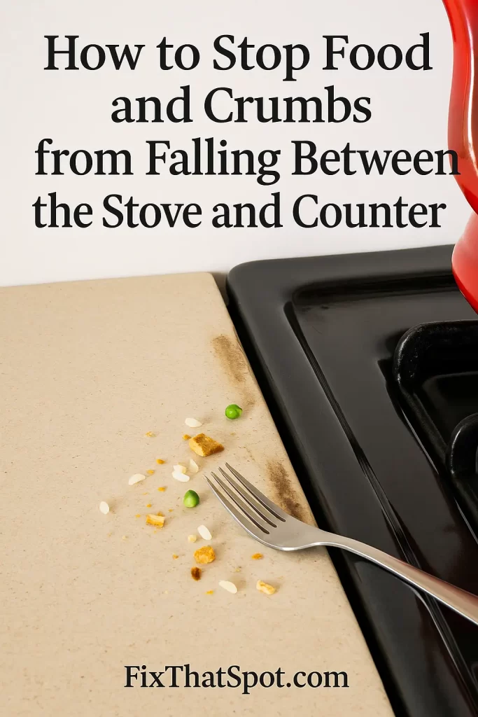 A kitchen counter next to a black stovetop with visible crumbs, rice, peas, and a fork fallen into the gap between them. A red kettle sits nearby.