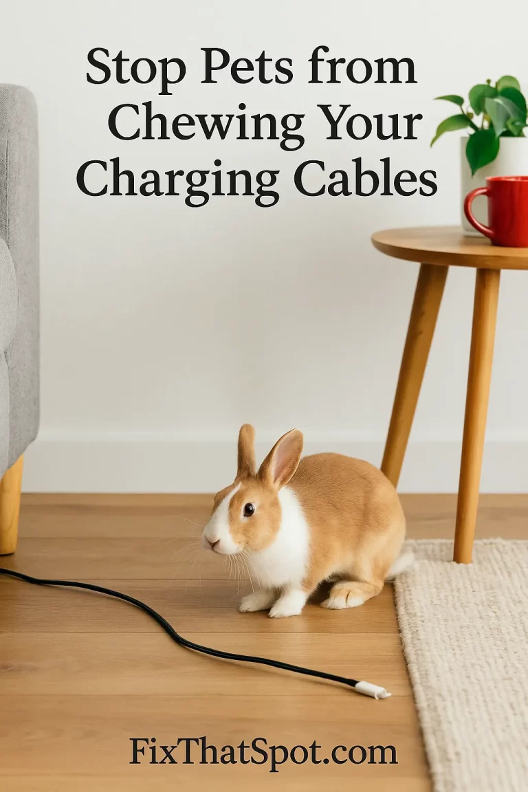 A light brown and white rabbit sits on a hardwood floor next to an unprotected black charging cable in a living room.