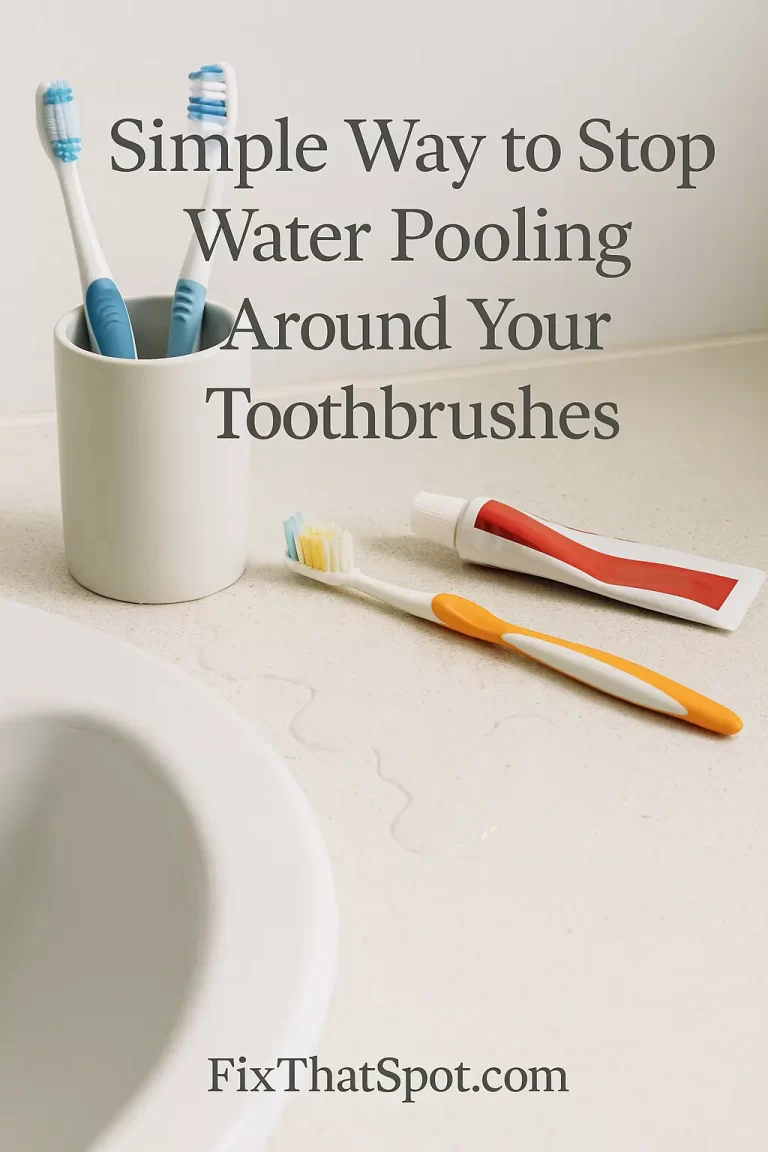 Bathroom sink counter with two toothbrushes in a cup, one toothbrush lying on the counter next to toothpaste, and water pooled around the base.