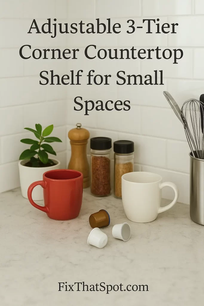 Adjustable rustic brown 3-tier corner shelf on a stone countertop, surrounded by cluttered kitchen items like jars, mugs, and utensils.
