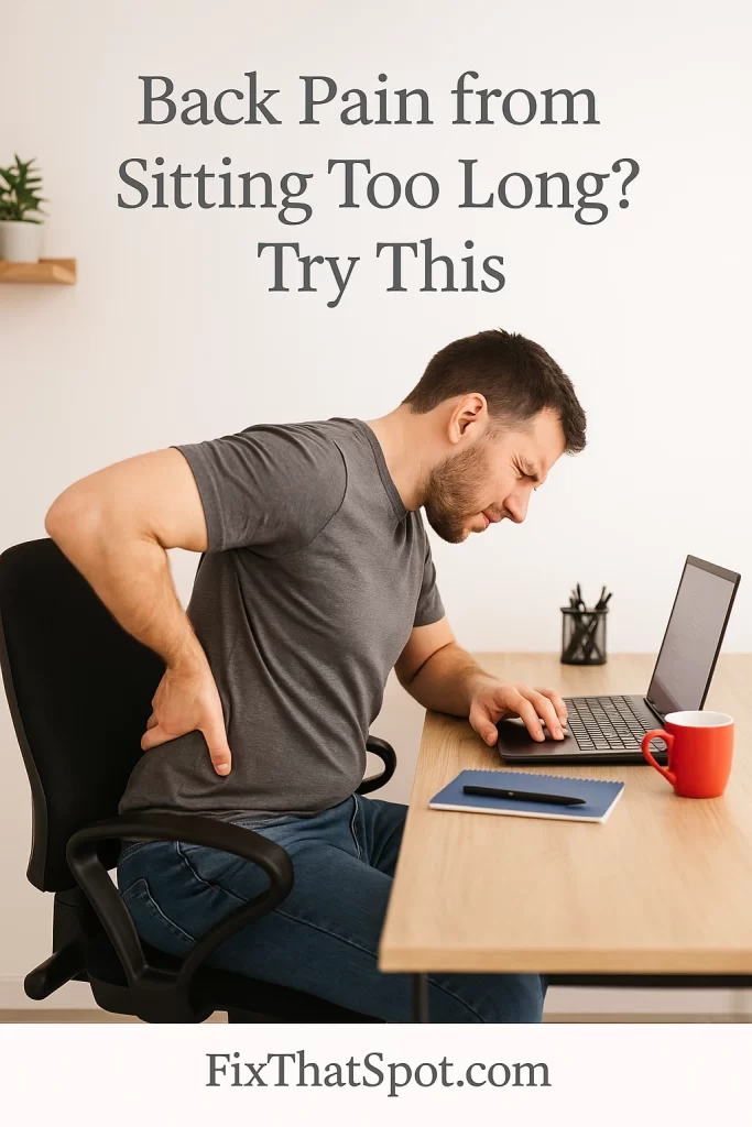 Man sitting at a desk, leaning forward and holding his lower back in discomfort while working on a laptop, with a red coffee mug and notebook on the desk.