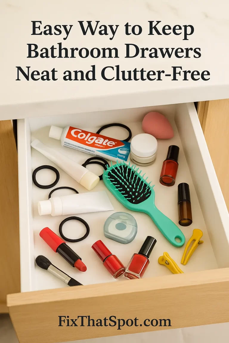 Open bathroom drawer filled with scattered toiletries, including a teal hairbrush, toothpaste, red lipstick, nail polish, hair ties, and small bottles.