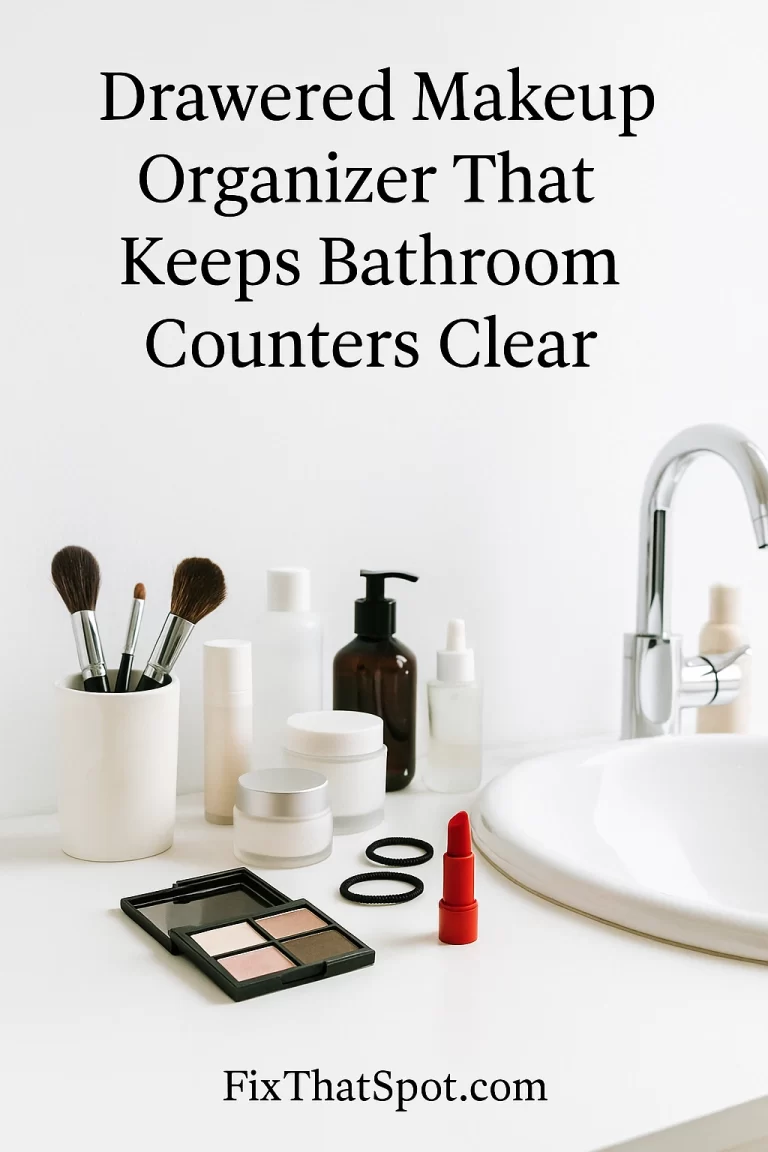 Cluttered bathroom counter with makeup brushes, skincare bottles, jars, hair ties, an eyeshadow palette, and a red lipstick, next to a white sink.