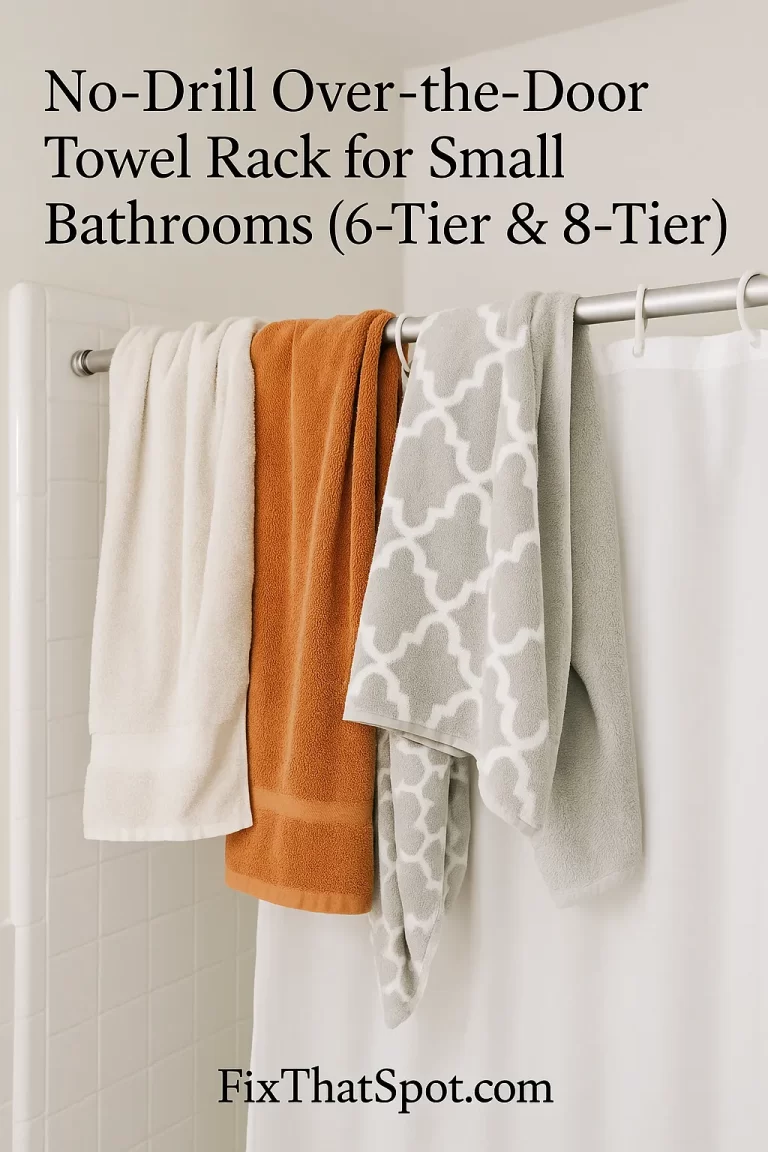 Towels crowded together on a shower curtain rod in a small bathroom, hanging unevenly beside a partially open white curtain, creating a cramped look.