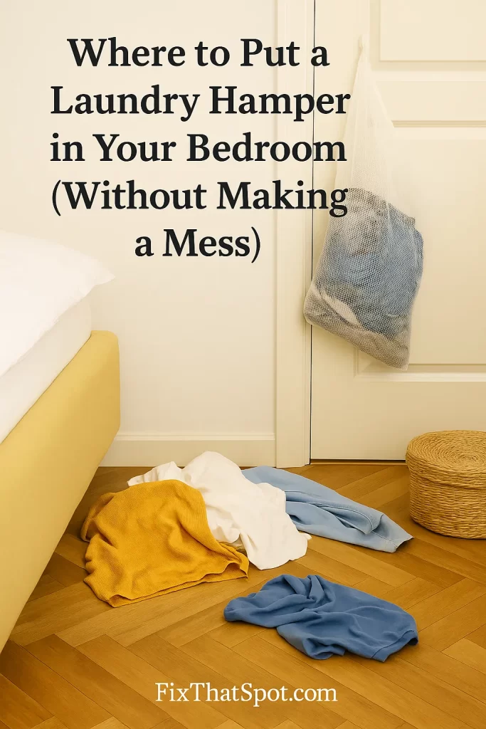 A messy bedroom corner with clothes on the floor and no hamper in sight, highlighting the common problem of where to put a laundry basket