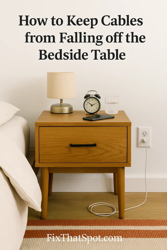 A realistic bedroom corner showing a teak nightstand with a phone on top and its charging cord coiled neatly on the floor beneath a nearby outlet. A glass of water, lamp, and alarm clock sit on the nightstand, with soft bedding in the background.