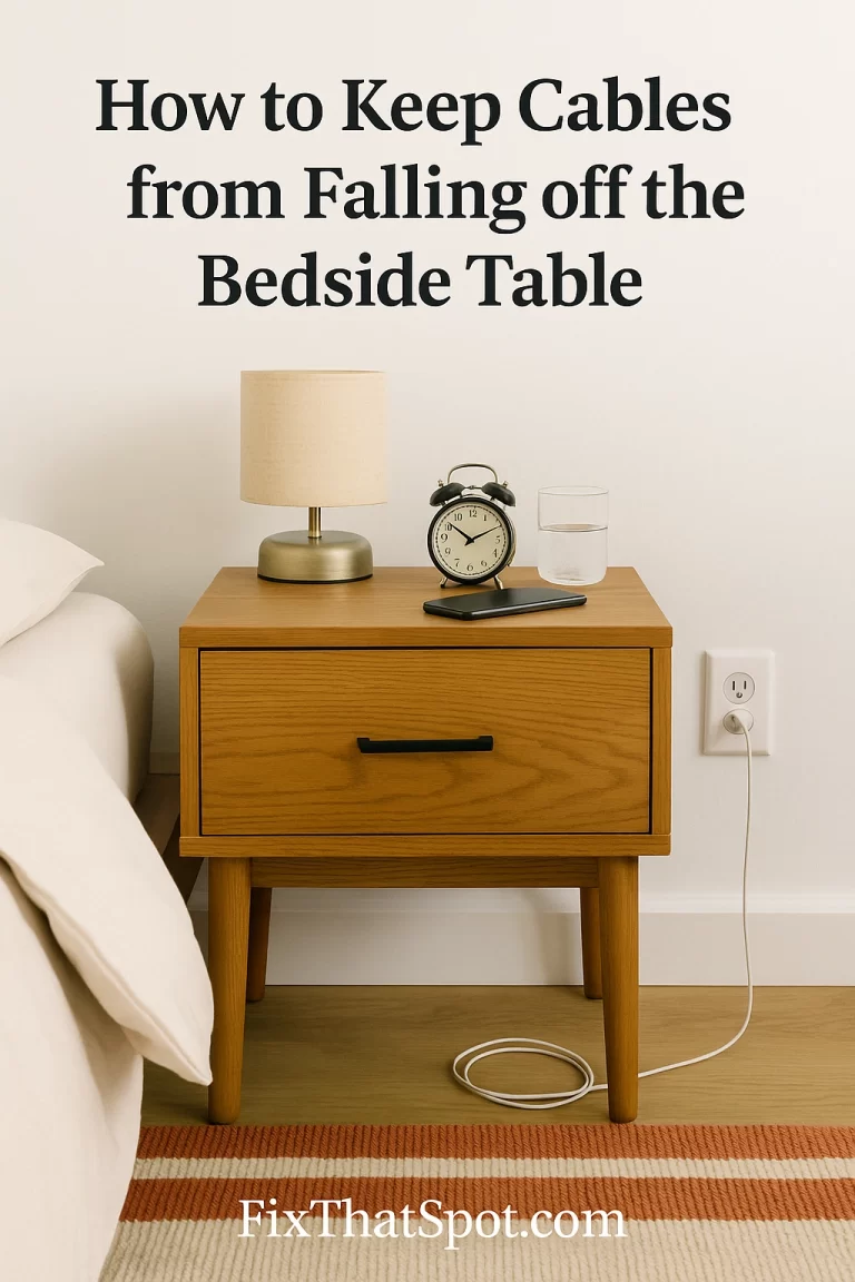 A realistic bedroom corner showing a teak nightstand with a phone on top and its charging cord coiled neatly on the floor beneath a nearby outlet. A glass of water, lamp, and alarm clock sit on the nightstand, with soft bedding in the background.