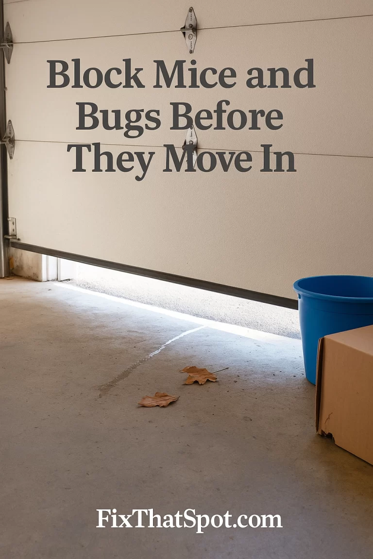 Interior view of a garage with sunlight streaming through a gap under the closed door. A few leaves, a small water trail, a blue bucket, and a cardboard box with chewed edges sit near the gap, showing signs of pests and weather getting in.