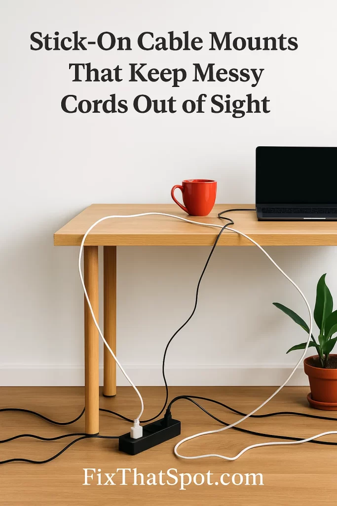 A home office scene with a tangle of cords running from a light wood desk to a black power strip on the floor.