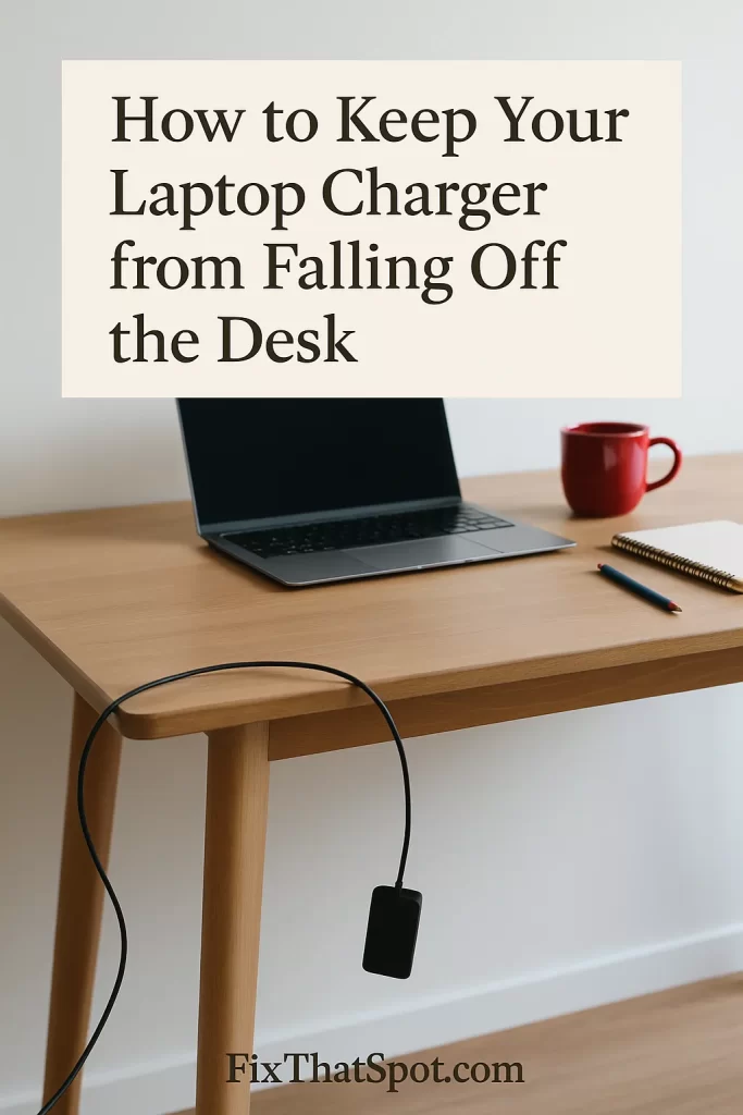 A laptop charger hangs off the edge of a wooden desk in a home office, with a red mug, notebook, and pencil on the surface.