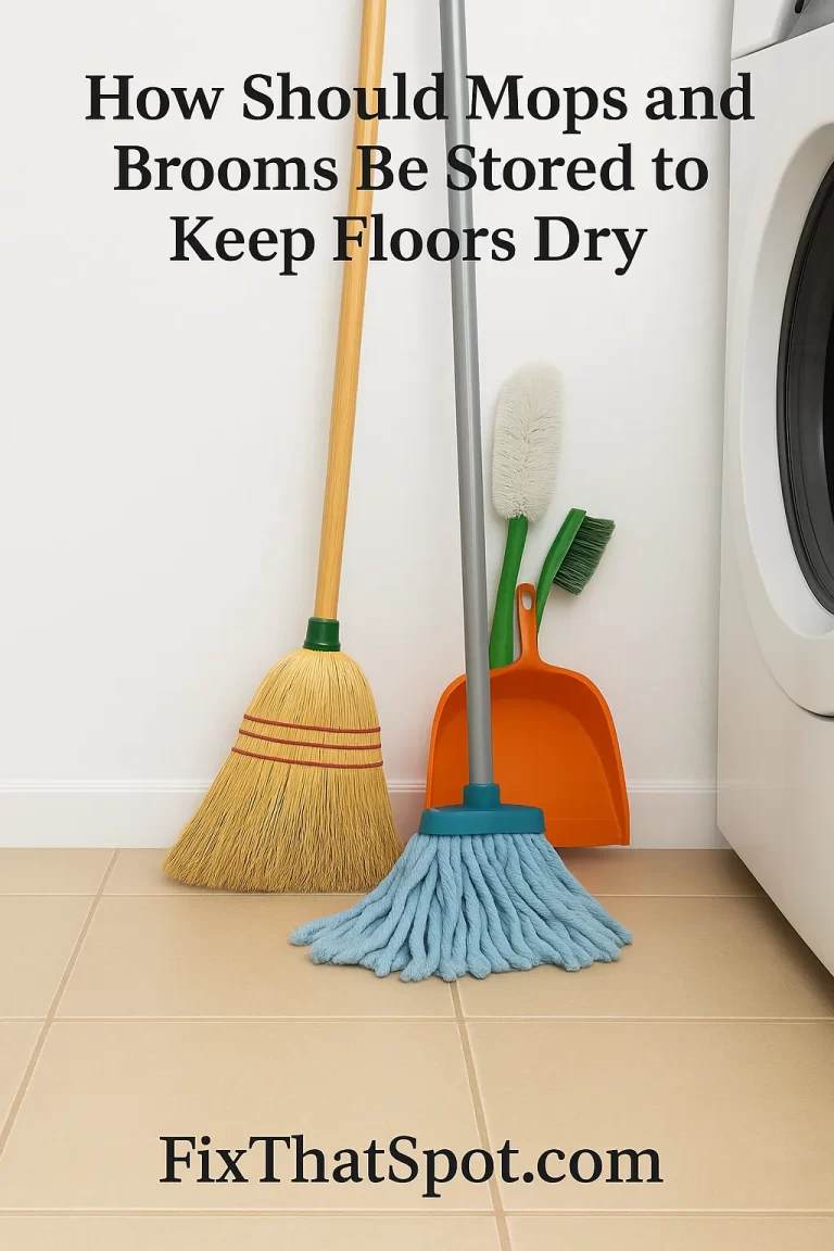 A laundry room corner with a mop, broom, and other cleaning tools leaning messily against the wall. A damp mop head leaves a visible puddle on the tile floor.