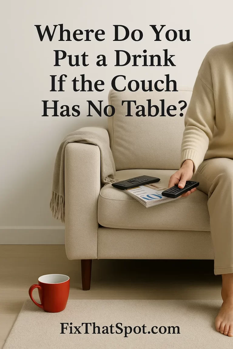 A cozy beige couch with a remote and magazines resting on the seat, and a bright red mug placed on the floor beside it.
