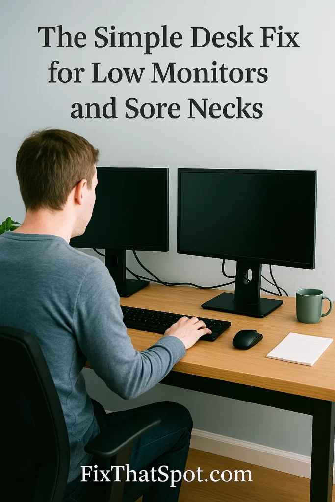 Man sitting at a wooden desk in a home office, facing two black computer monitors that are set too low, with a keyboard and mouse in front of him, and a green mug and notepad on the side.