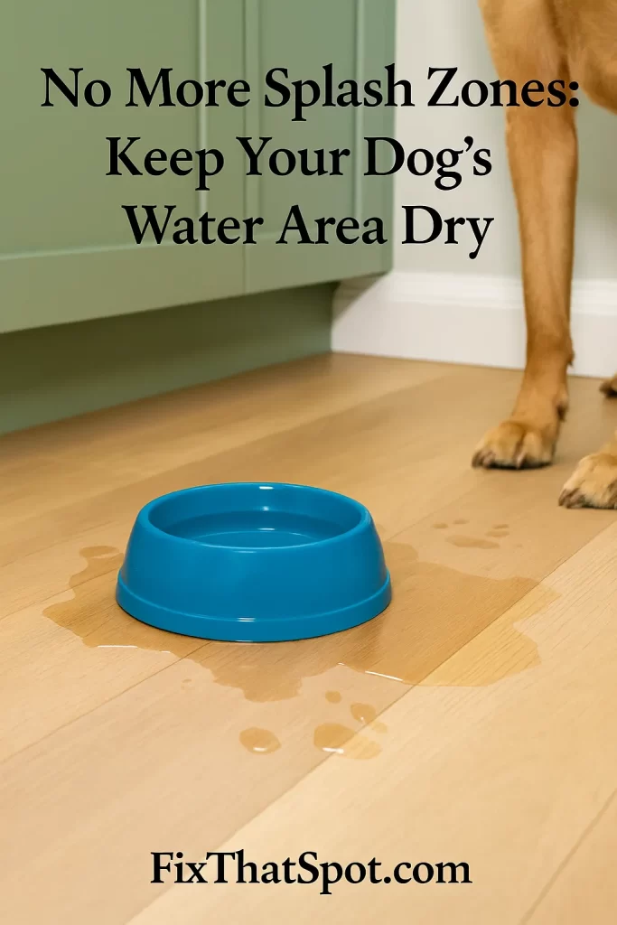 A blue dog water bowl on a light wood kitchen floor with a puddle of water and wet paw prints around it. Green cabinets are in the background, and a dog’s legs are partly visible.