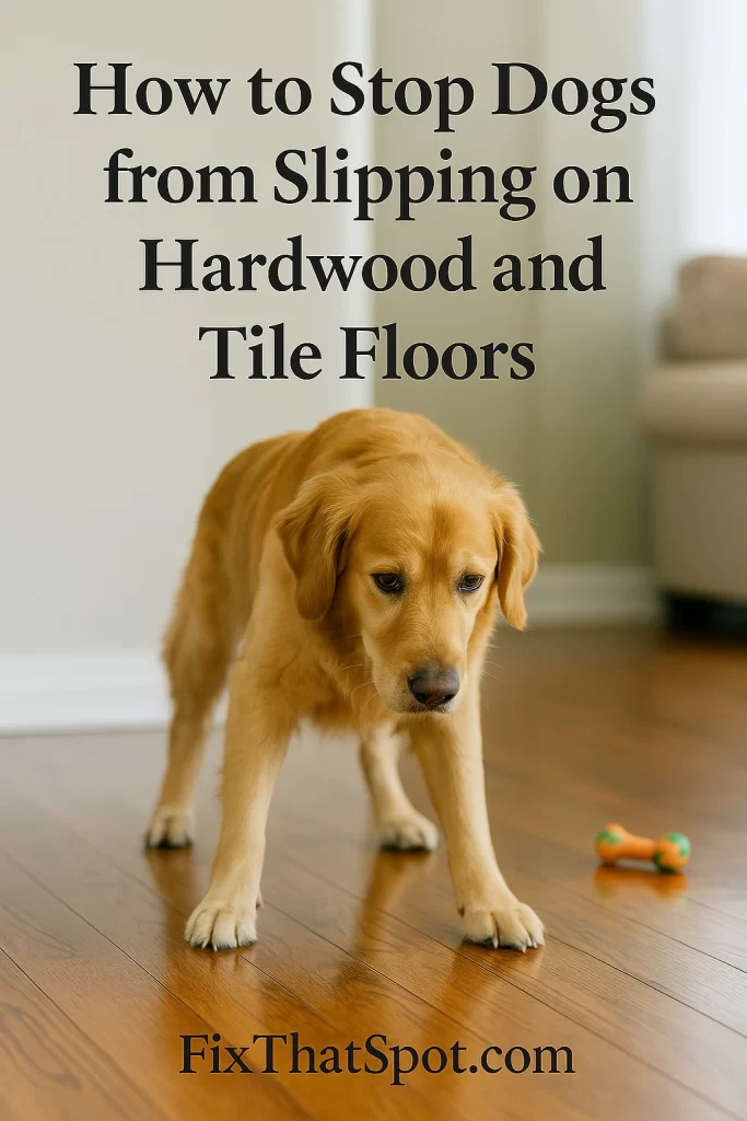 Golden Retriever standing cautiously on a shiny hardwood floor, looking down with a concerned expression, with a small orange and green dog toy in the background.