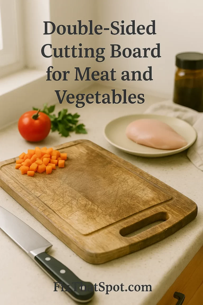 A double-sided titanium and wheat straw cutting board on a kitchen counter, surrounded by fresh vegetables and cooking utensils, ready for meal prep.