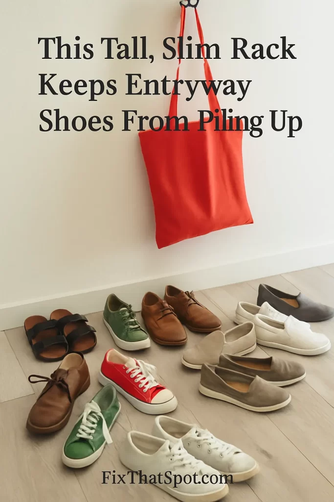 Scattered shoes on the floor of a small entryway with no shoe rack in sight. A red tote bag hangs on a hook above, and the wall is white and uncluttered.