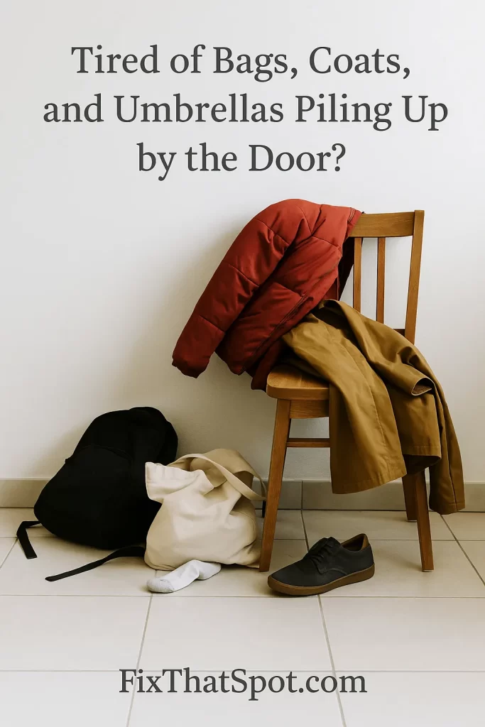 A photograph captures cluttered bags, coats, and a wooden chair in a small entryway. Two bags rest on the tile floor, and a jacket hangs loosely over the chair.