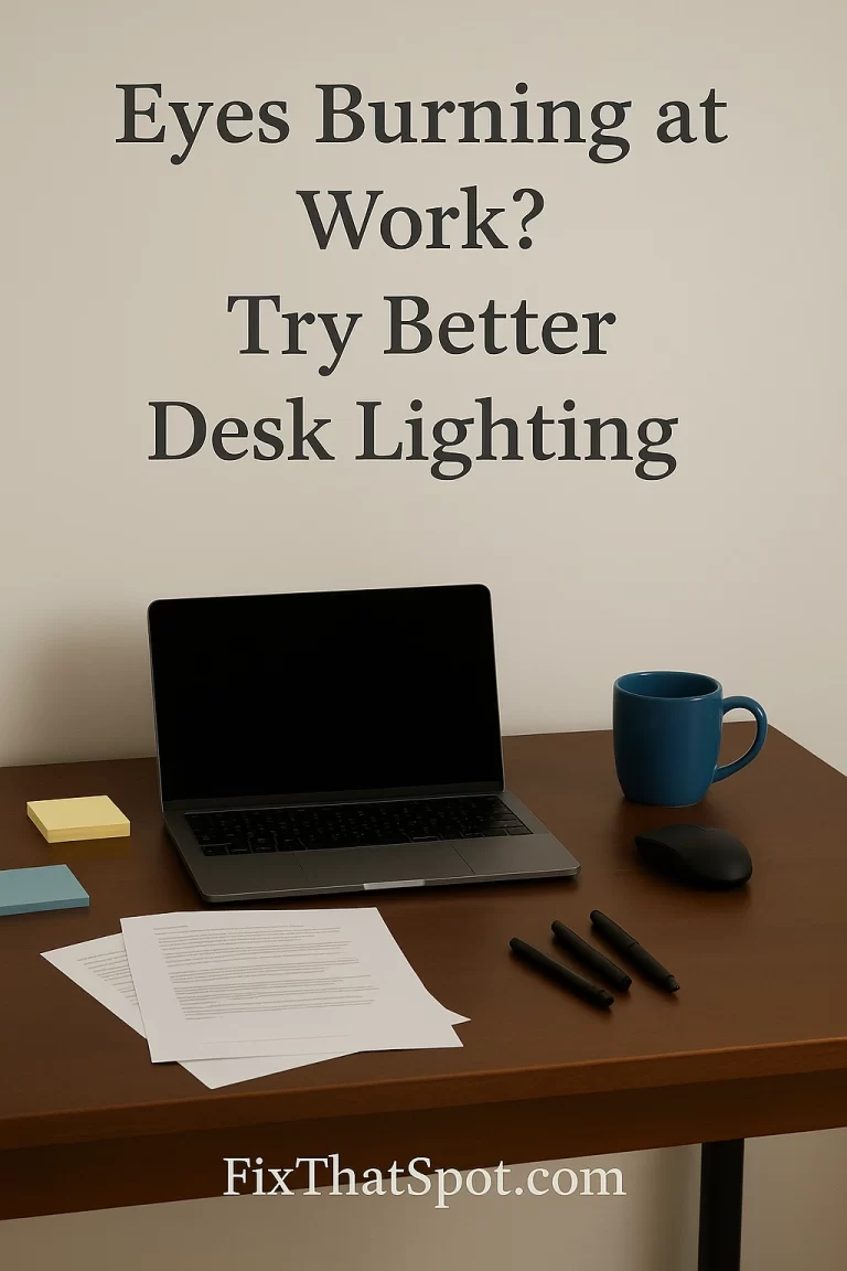 Small home office desk with a laptop, wireless mouse, and red coffee mug on a lightly cluttered surface. Papers, pens, and sticky notes are scattered around. The scene is dimly lit with partial daylight, and a neutral white wall is in the background.