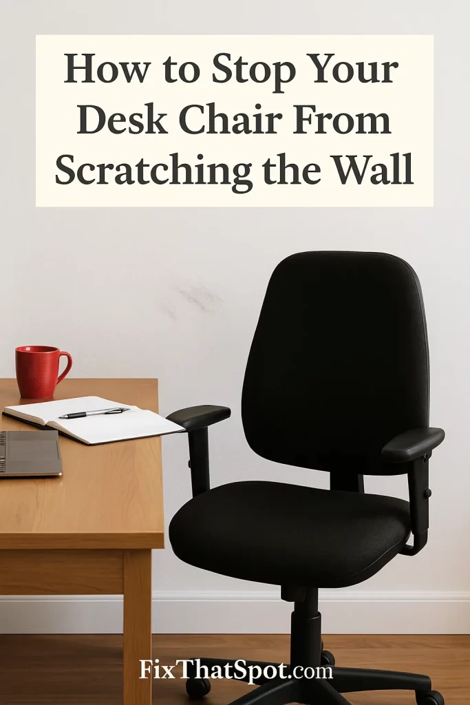 A black office chair sits at normal height behind a wooden desk in a home office, angled slightly to the right. Scuff marks are clearly visible on the wall behind it.