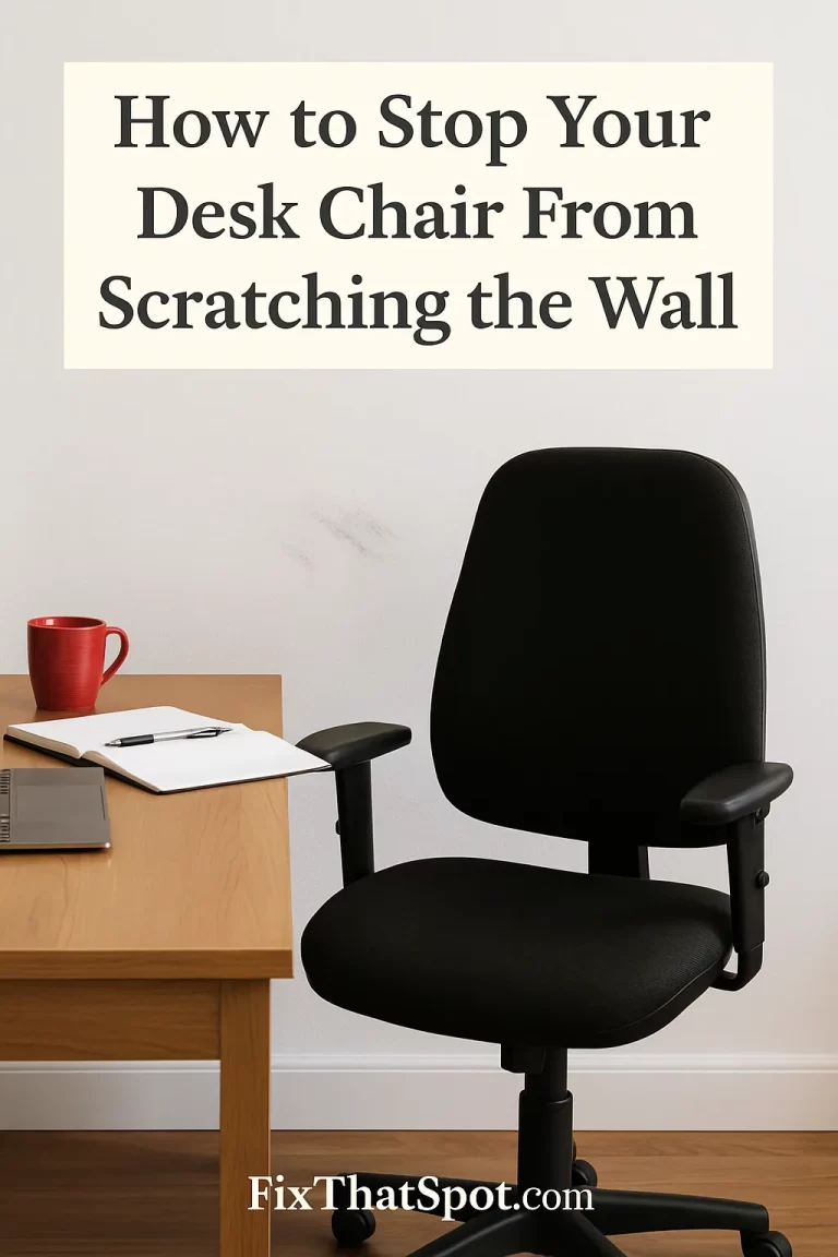 A black office chair sits at normal height behind a wooden desk in a home office, angled slightly to the right. Scuff marks are clearly visible on the wall behind it.